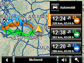 Zpět: Ukončí navigaci (viz "Ukončení navigace", str. 60). Možnosti: Pomocí tohoto tlačítka máte během navigace přístup k mnoha dalším funkcím (viz "Volby mapy v režimu Navigace", str. 60). Hlasitost: Otevře regulaci hlasitosti (viz "Hlasitost", str.