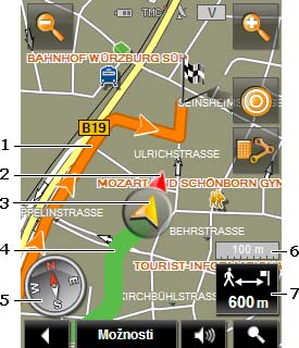 1 Trasa, která byla vygenerována na základě digitalizované silniční sítě, je vyznačena v oranžové barvě. 2 Zobrazí se směr k vašemu cíli (červený trojúhelník).