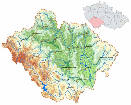 Plnění programů opatření přijatých plány povodí v roce 2009 14.4.1.4 Plán oblasti povodí Horní Vltavy Charakteristika oblasti povodí 14.4.1.4.1 Přehledová mapa oblasti povodí Horní Vltavy Pramen: MZe Oblast povodí Horní Vltavy leží na jihu Čech.