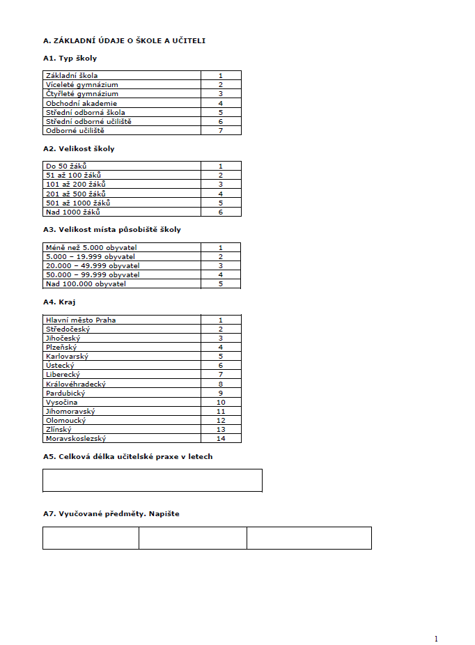 38 Dotazník A8. Pohlaví Muž 1 Žena 2 A9. Věk v letech A10. Máte aprobaci pro: Dějepis 1 Dějepis a jiný obor, jaký... Jiný obor, jaký... Nemám žádnou aprobaci 4 A12.