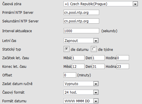 Výchozí nastavení časového pásma je (GMT)+8 China, Philippines, Malaysia, přepínání na letní čas je vypnuto.