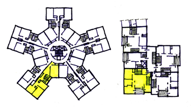 4] (Picture 5) Corridor buildings - left above: very small, single-orientation units, Habichtsplatz in