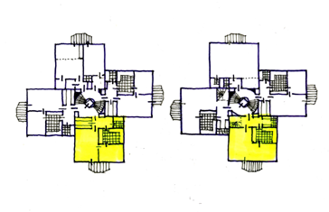 163]; right: split-level flats in Unité d'habitation a way to find double-orientation units in a corridor