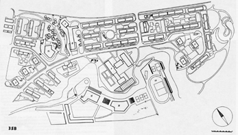 Obr. 7.: Pavel Krchňák, sídliště Brno Juliánov, situace (repro Krchňák, 1968), realizace 1960 1969 Obr.