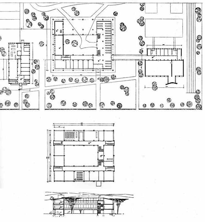 Obr. 3.: príklad výstavby školy s centrálnou halou, 1959, Základná škola na bývalej Thälmanovej ulici, Bratislava, arch. R.