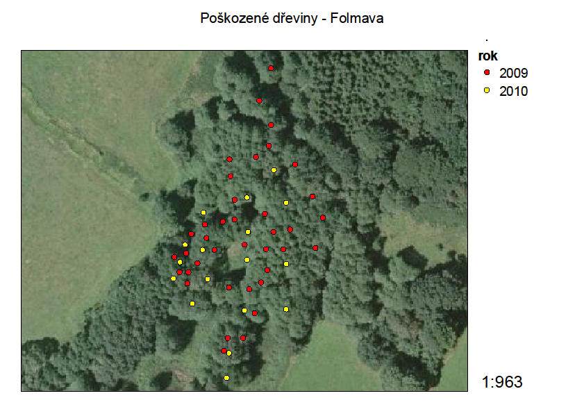 Obr. č.1: Evidence poškozených stromů na satelitním snímku 6.1.3.