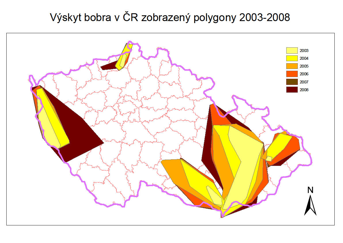 Mapa č.6: Projekty Grantové služby LČR Vyhodnocení rozšiřování areálu bobra v ČR Vývoj populace bobra, respektive jednotlivých populací, byl zobrazen na mapách č. 5.