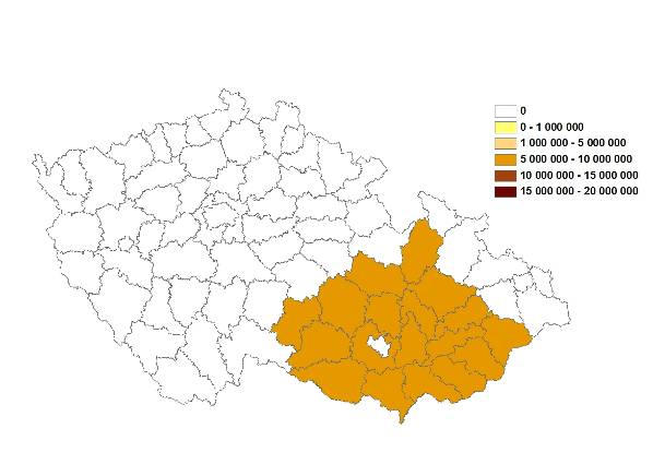 Mapa č.11: Výše škod bobrem 2004-2008 v Kč (Povodí Moravy, s. p.