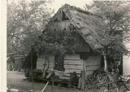 čtyřboká roubená stodola krytá došky v