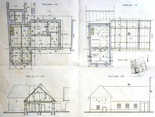PhDr. Kateřina Sedlická, PhDr. Dana Motyčková, CSc.; EÚ AV ČR Praha Obr. 4 Technický výkres půdorysy, řez a pohled v měřítku 1:100 domu čp. 5 ve Smržicích. Autor J.