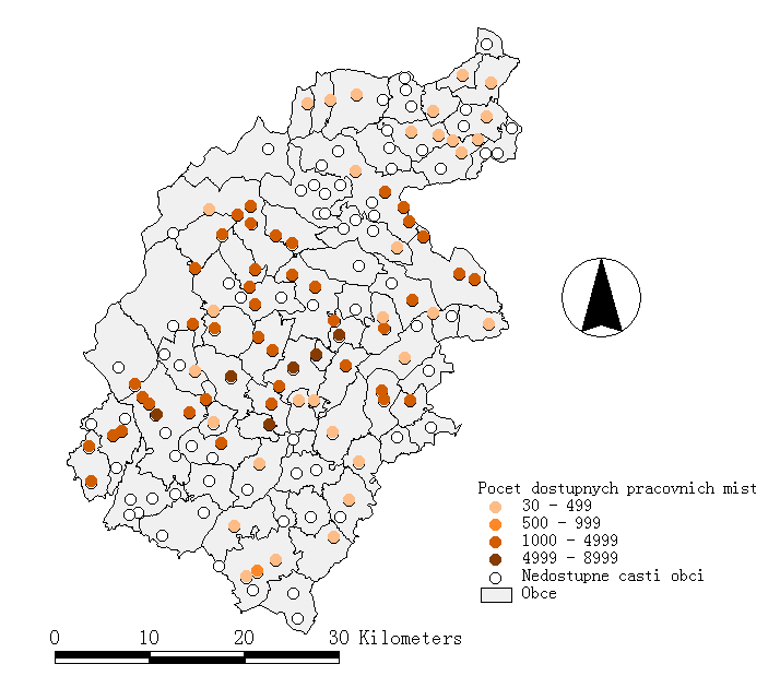 Obr. P2-16 Části obcí, ze kterých lze vhodně dojíždět do zaměstnání 6:00-14:30 a počet z nich dostupných pracovních míst u významných zaměstnavatelů