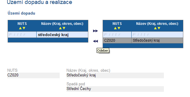 Grantový projekt Území dopadu pouze v rámci jednoho regionu NUTS 3. Pro výběr z databáze ţadatel zadá do vyhledávacího pole počáteční část názvu, popř.