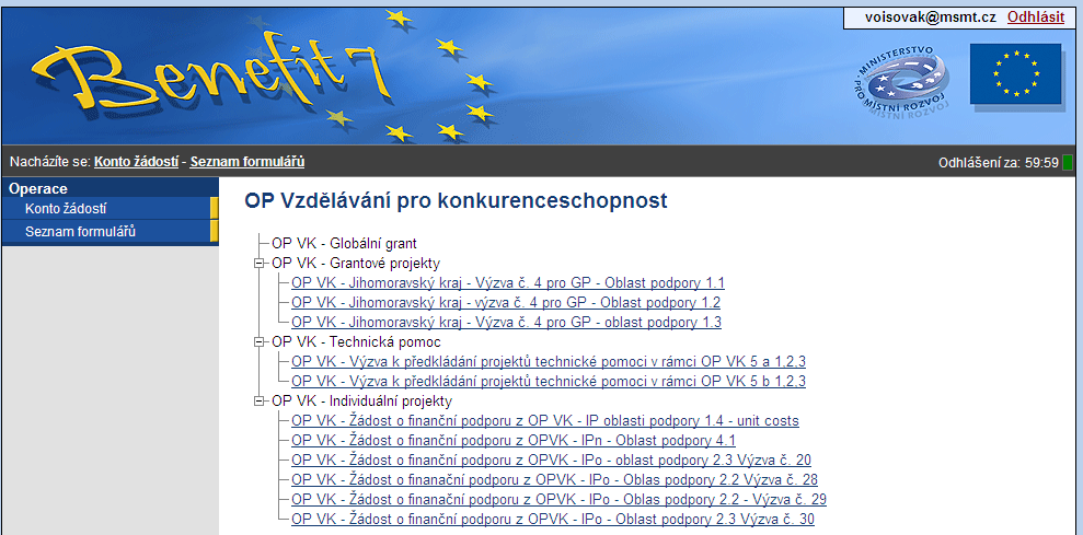 Otevře se vám seznam formulářů všech operačních programů.