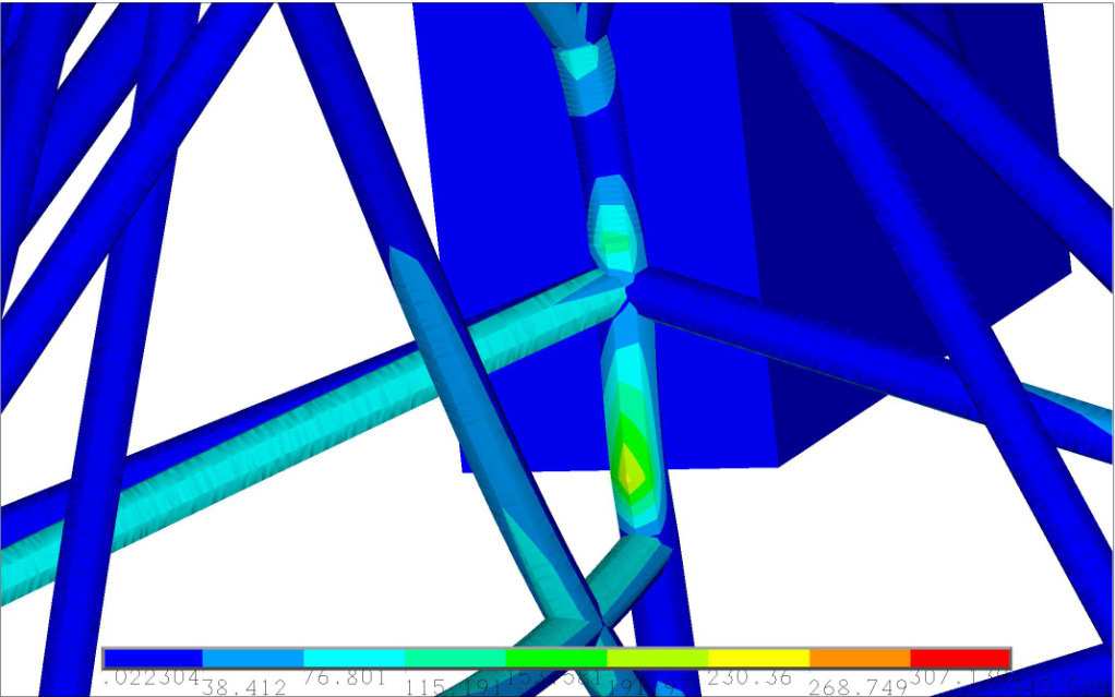 5.8.2. Boční zatížení Napětí Nejvyšší hodnotou redukovaného napětí tohoto modelu byla hodnota 346 MPa. Při bočním zatížení se tak jednalo o nejmenší hodnotu redukovaného napětí při bočním zatížení.