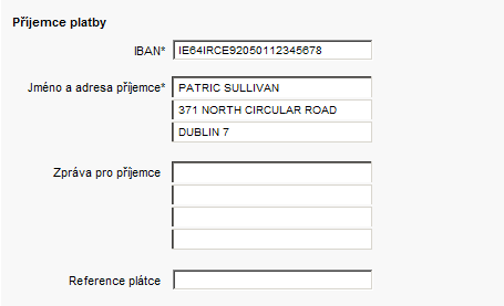 2 Zadejte číslo účtu příjemce ve formátu IBAN. Doplňte jméno a adresu příjemce platby. 3 Zadejte identifikační kód banky (BIC).