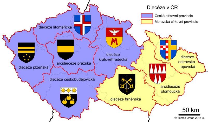 Obr. 1.: Územní členění Církve římskokatolické v České republice (zdroj:www.cirkve.cz) Hranice diecézi poměrně věrně kopírují krajské administrativní hranice z roku 1960.
