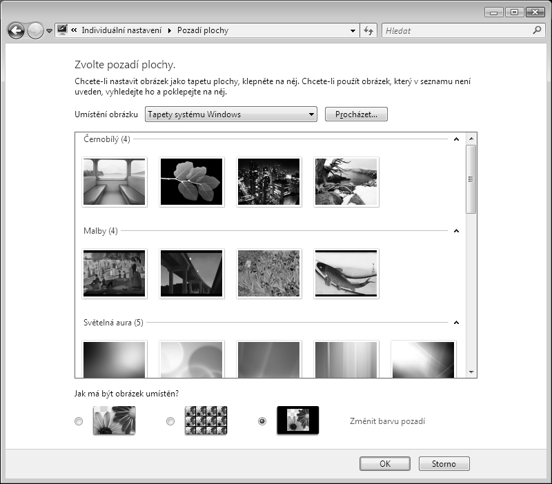 1001 tipů a triků pro Microsoft Windows Vista Obrázek 47: Galerie s předpřipravenými tapetami pracovní plochy 181. Proč je fotka tak zdeformovaná? Vsadíme se s vámi, že používáte širokoúhlý monitor.