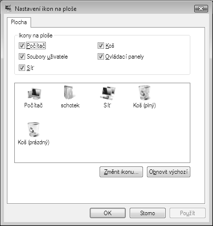 Jak na změnu vzhledu Nastavení ikon na ploše, které najdete v Ovládacích panelech Vzhled a přizpůsobení Individuální nastavení Změnit ikony plochy v