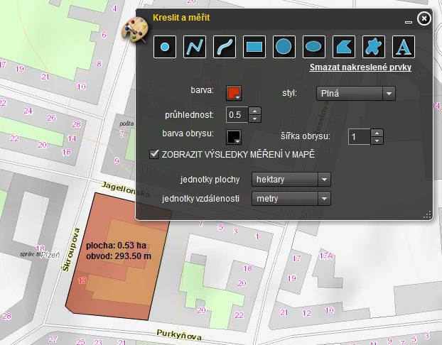 Kreslit a měřit - toto okno nabízí uživateli možnost kreslit přímo do mapy body, linie, polygony, kruhy i elipsy, vkládat do mapy textové popisky a měřit délky i plochy kreslených prvků.