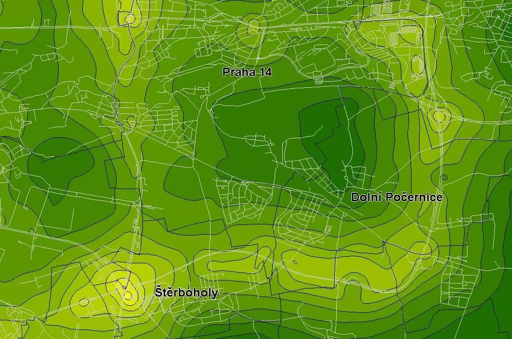 Obr. 6 Modelové pole koncentrací oxidu dusišitého pro rok 2010 Tuhé znečišťující látky frakce PM 10 Nejbližšími stanicemi imisního monitoringu jsou stanice Praha 9 Vysočany (ČHMÚ č.