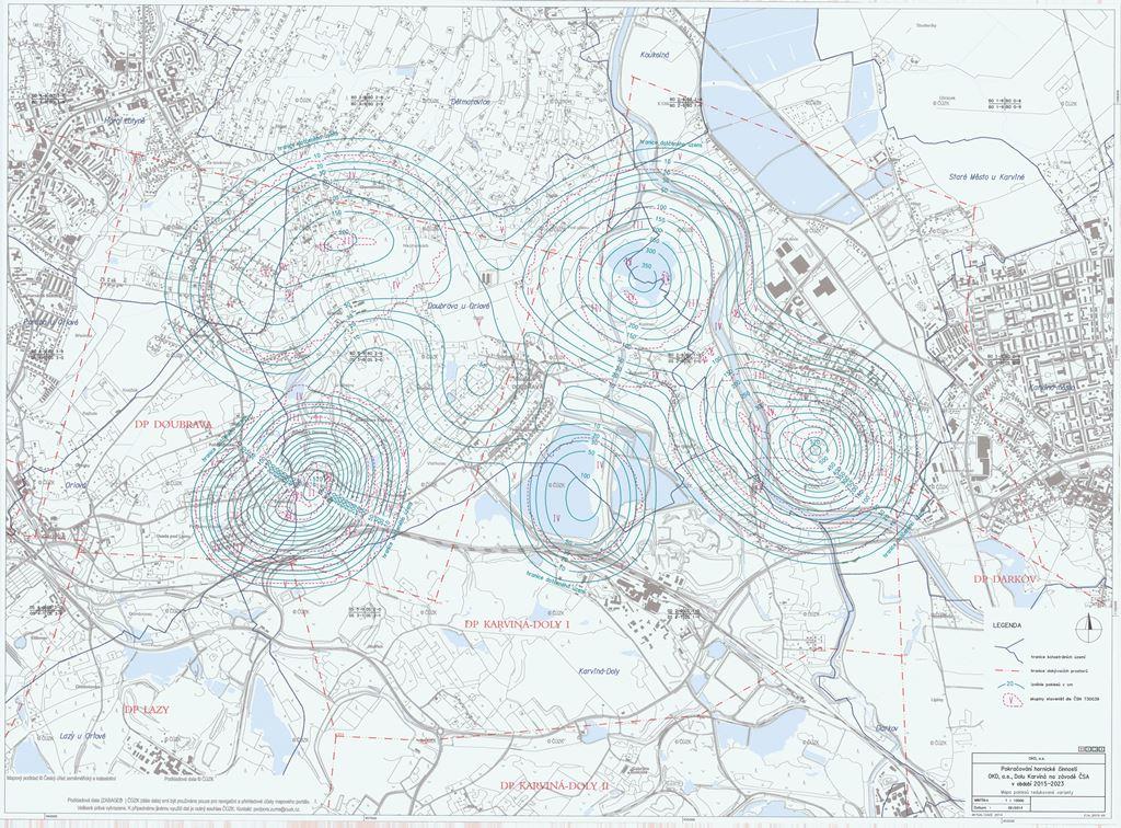 Mapa dotčeného území s poklesy a skupinami stavenišť