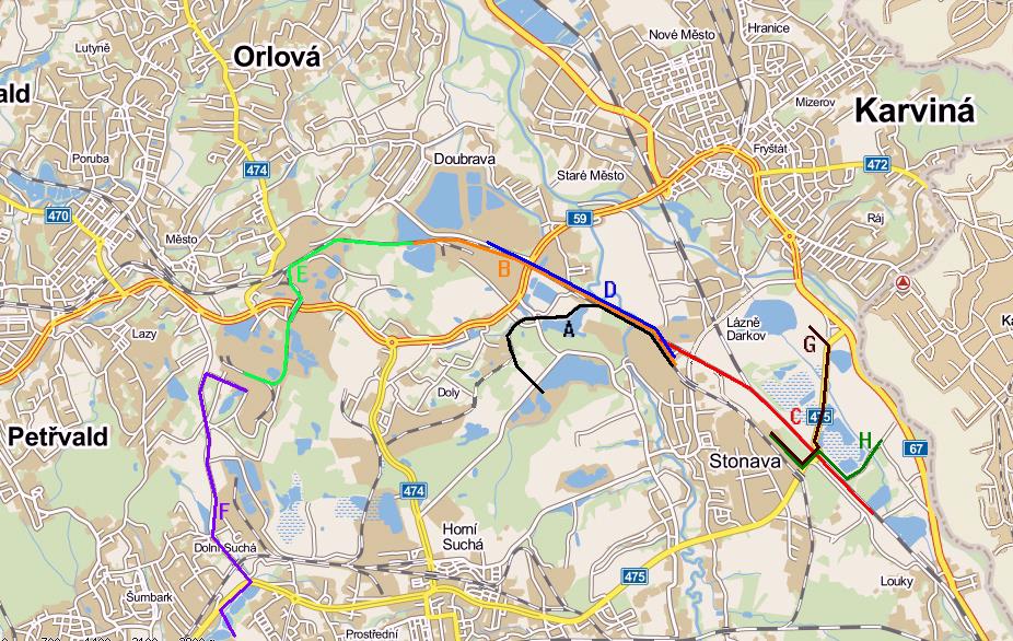 Trasa D - úpravna Darkov - Rekultivace odvalu Jan Karel a nádrží Doubrava 1-3 - železniční vlečka Situování chráněných objektů viz obr.č. 2 hlukové studie.