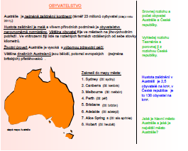 Patnáctý slide: Tento slide informuje o počtu obyvatel, hustotě zalidnění a rozmístění obyvatel. První úkol je zde Porovnej rozlohu a počet obyvatel Austrálie a České republiky.