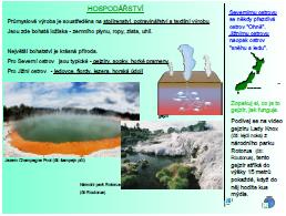 Devátý slide: Na tomto slidu pokračuje kapitola hospodářství, která je doplněna o informace o přírodních krásách typických pro Severní a Jižní ostrov.