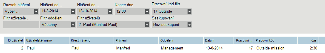 Příklad: Abychom ukázali tuto funkci, použijeme dva pracovní kódy: První pracovní kód je určen pro práci provedenou mimo kancelář.