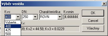 V prvním sloupci je na výběr hodnota součinitele Kvs. Nabízené hodnoty jsou v rozsahu 60% až 95% zdvihu. Záleží pouze na projektantovi, které hodnoty si vybere.