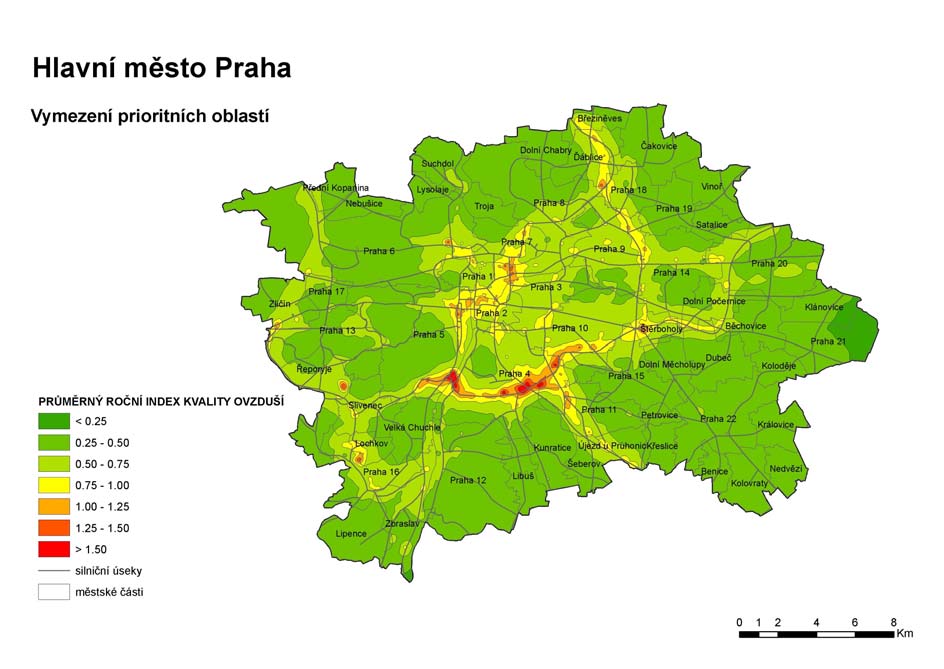 Obr. 6. Průměrný roční index kvality ovzduší Oblasti s průměrným ročním indexem kvality ovzduší vyšším než 0,75 jsou v rámci tohoto programu vymezeny jako priority kategorie 1.