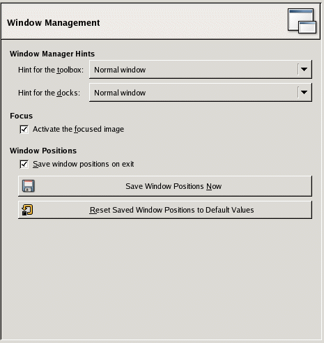 176 / 317 12.5.2.13 Správa oken Obrázek 12.62: Předvolby pro správu oken Na této kartě lze nastavit způsob, jakým GIMP zachází se svými okny.