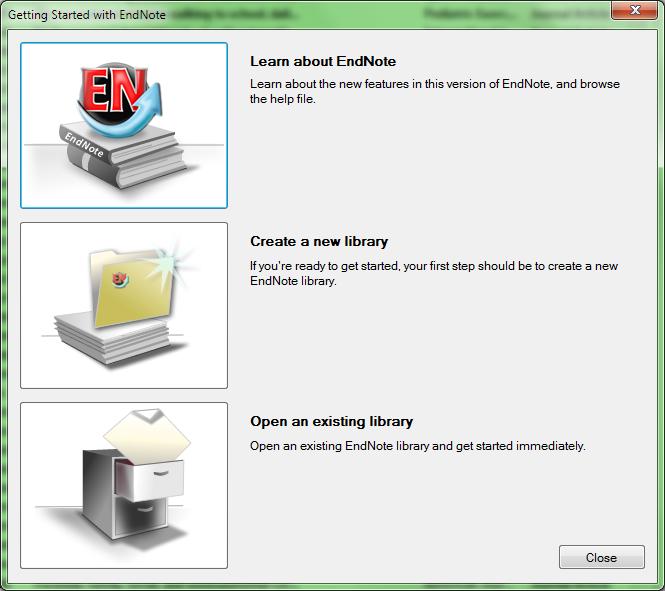 Začínáme pracovat s EndNote Při prvním spuštění programu po instalaci (pokud se jedná o první instalaci na počítač a není nalezena automaticky dostupná knihovna) se objeví následující dialog (Obrázek