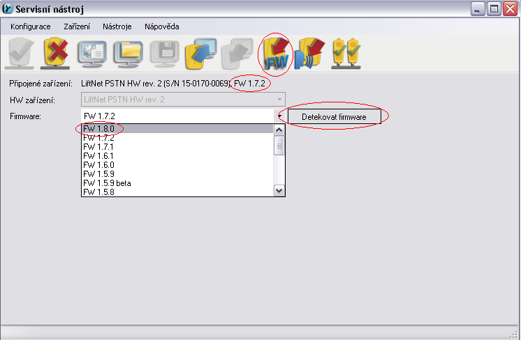 8. Tlačítko "Detekovat firmware" Vám ukáže aktuální