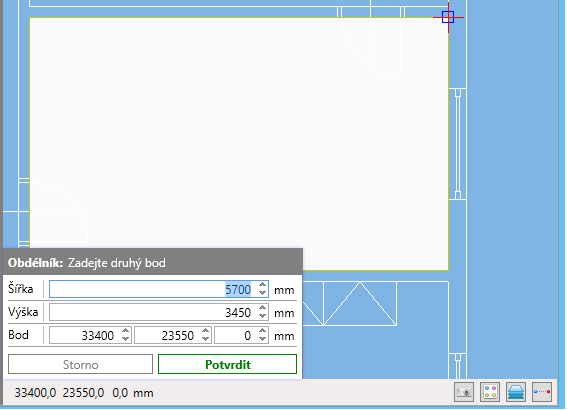 Po zadání druhého rohu bodu již program vytvoří místnost s výchozí výškou, tuto můžeme změnit.