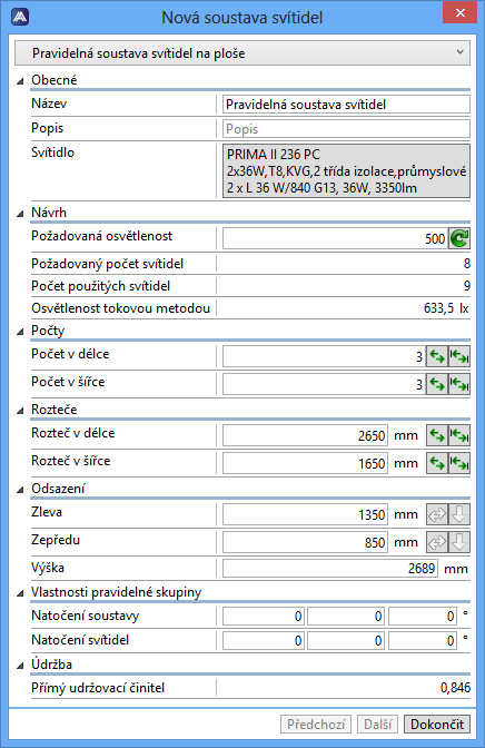 Požadovaná osvětlenost v sekci Návrh se nastaví na hodnotu odpovídající zadanému typu místnosti, pokud není zadána, pak 500lx.