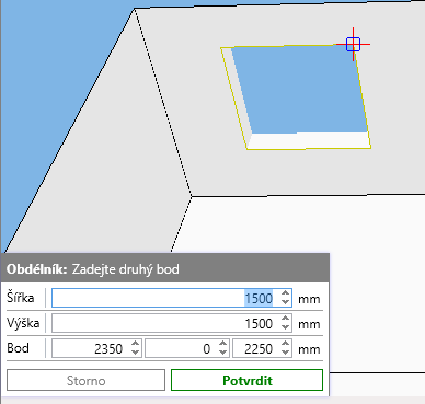 Program dále zobrazí editační oblast v levém dolním rohu modelovacího okna a umožní zadat umístění rohu okna viz obrázek.