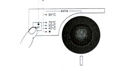 65 nebo 85 C) Teplotní knoflík opět zasuneme a nyní je možné zvolit si teplotu pouze v rozsahu uvedeného fixního maxima teploty.