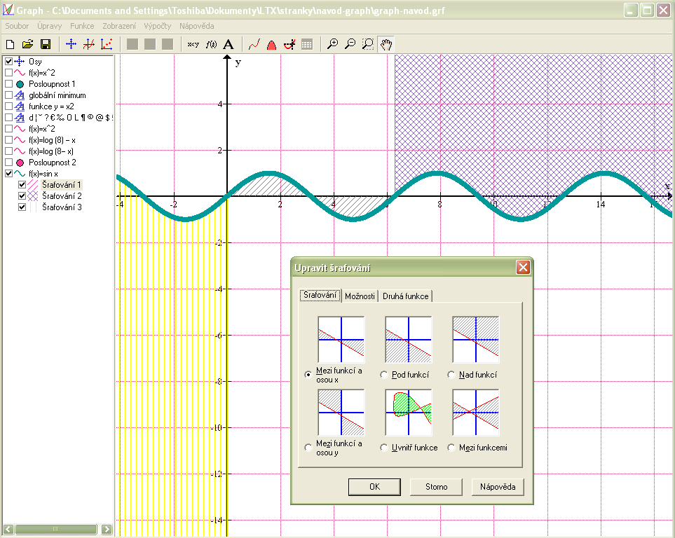 4 Další funkce 4.1 Ohraničení funkce, šrafování Šrafováním se dá znázornit např. interval pro výpočet lokálních extrémů, plocha při výpočtu určitého integrálu apod.
