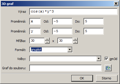 Obrázek 2: Formulář grafickeho rozhrani pro zadání 3D grafu Zároveň s vykreslením grafu se do aktivního dokumentu otevřeného v okně programu přidá