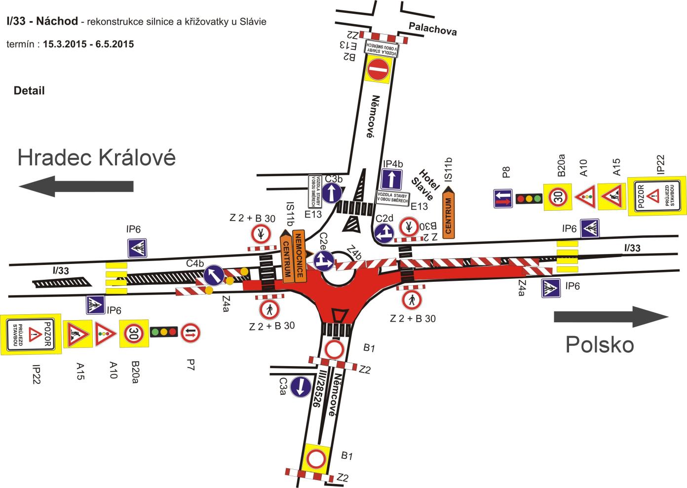 Rekonstrukce okružní křižovatky u Slávie v Náchodě 15. 3. - 15. 6. 2015 Dlouho připravovaná rekonstrukce okružní křižovatky u Slávie v Náchodě bude zahájena 15. března 2015.