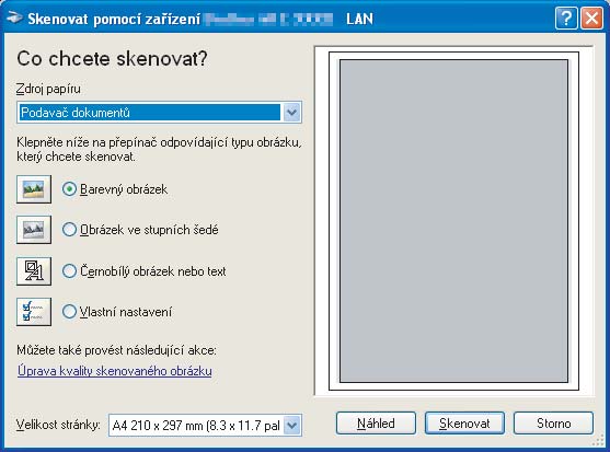 Skenování h Dle potřeby upravte v dialogovém okně Skener - vlastnosti následující nastavení: 1 2 2 3 4 1 Zdroj papíru 2 Typ obrázku 3 Úprava kvality skenovaného obrázku 4 Velikost stránky i Z