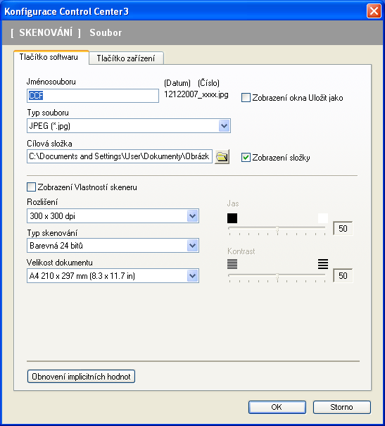 ControlCenter3 Soubor 3 Tlačítko Skenovat do souboru vám umožní skenovat obrázek do složky na pevném disku v jednom z typů souborů zobrazených v seznamu souborů příloh.
