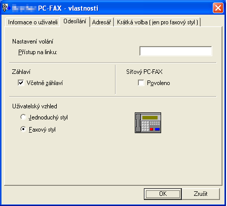 Program PC-FAX (pouze SP 1200SF) Nastavení odesílání 5 V dialogovém okně PC-FAX-vlastnosti klepněte ve složku Odesílání, čímž zobrazíte následující okno.