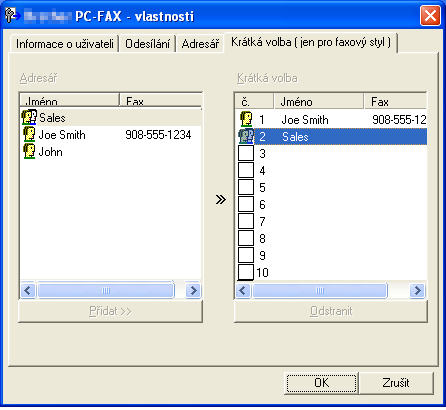 Program PC-FAX (pouze SP 1200SF) Nastavení možnosti Krátká volba 5 Dialogovém okně PC-FAX - vlastnosti klepněte na složku Krátká volba.