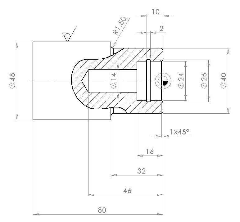 N115 G01 X38 Z-17 F0.1 ;sraţení hrany 1x45 N120 G00 X42 Z-17 ;výjezd z místa řezu N125 G00 X40 Z-18 ; Nájezd nástroje na pozici sráţení levé hrany N130 G01 X38 Z-17 F0.