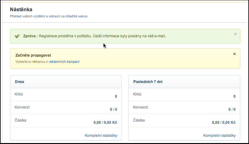 Po přihlášení - přehled ve dvou boxech vidíte přehled za aktuání den a týden - počet kliků,
