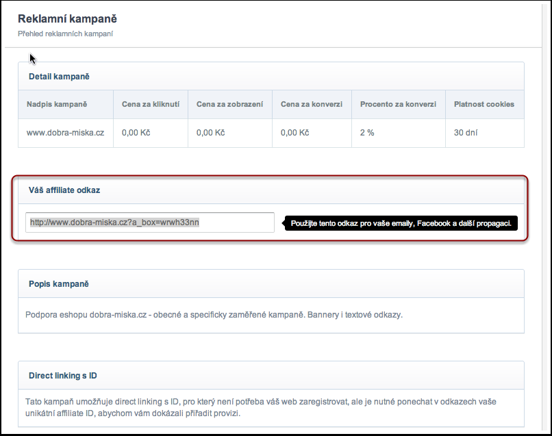 Reklamní kampaně - affiliate odkaz pro všechny odkazy z Vaši stránek, Facebooku nebo emailů na stránky www.dobra-miska.