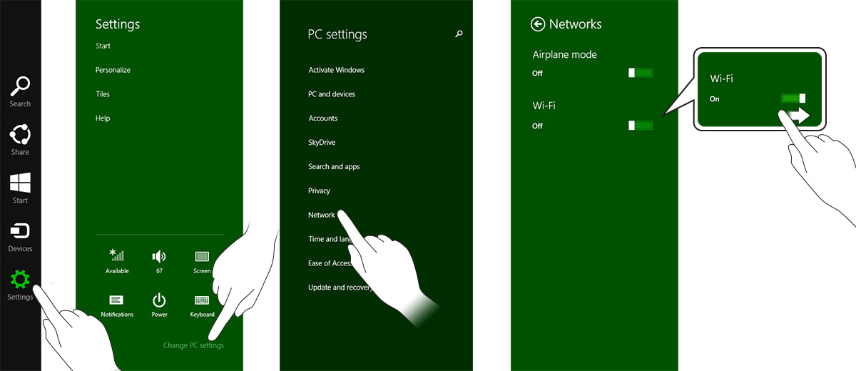 Správa nastavení tabletu 4 Nastavení připojení Wi-Fi Zapnutí nebo vypnutí připojení Wi-Fi 1. Potažením prstu od pravého okraje displeje vyvolejte pruh ovládacích tlačítek. 2.