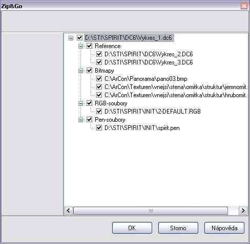 108 SPIRIT 11 nové funkce 3. Aktivováním nebo deaktivováním zaškrtávacích voleb rozhodnete, které soubory mají být vloženy do archivu. 4.